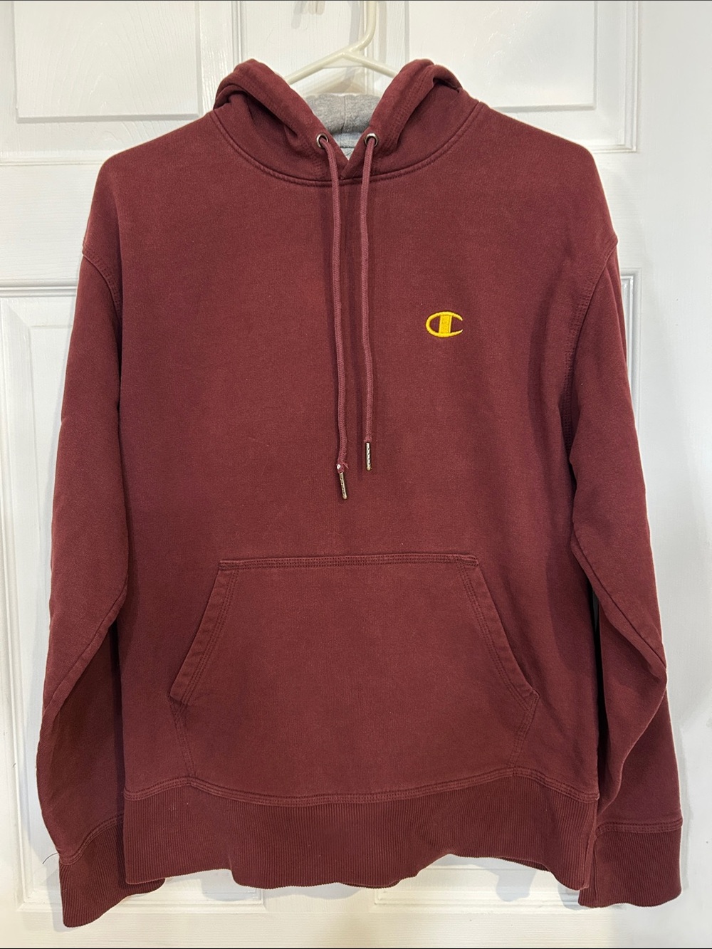Champion Burgundy Crewneck Hoodie with Yellow Logo